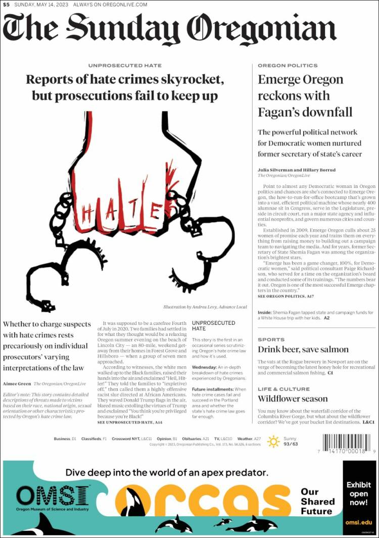 Portada de The Oregonian (USA)