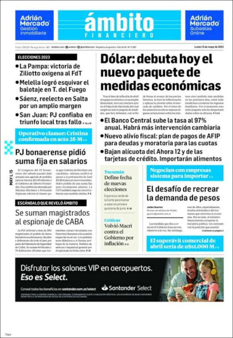 Portada de Diario Ambito Financiero (Argentina)