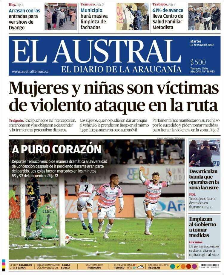 Portada de El Austral de Temuco (Chile)