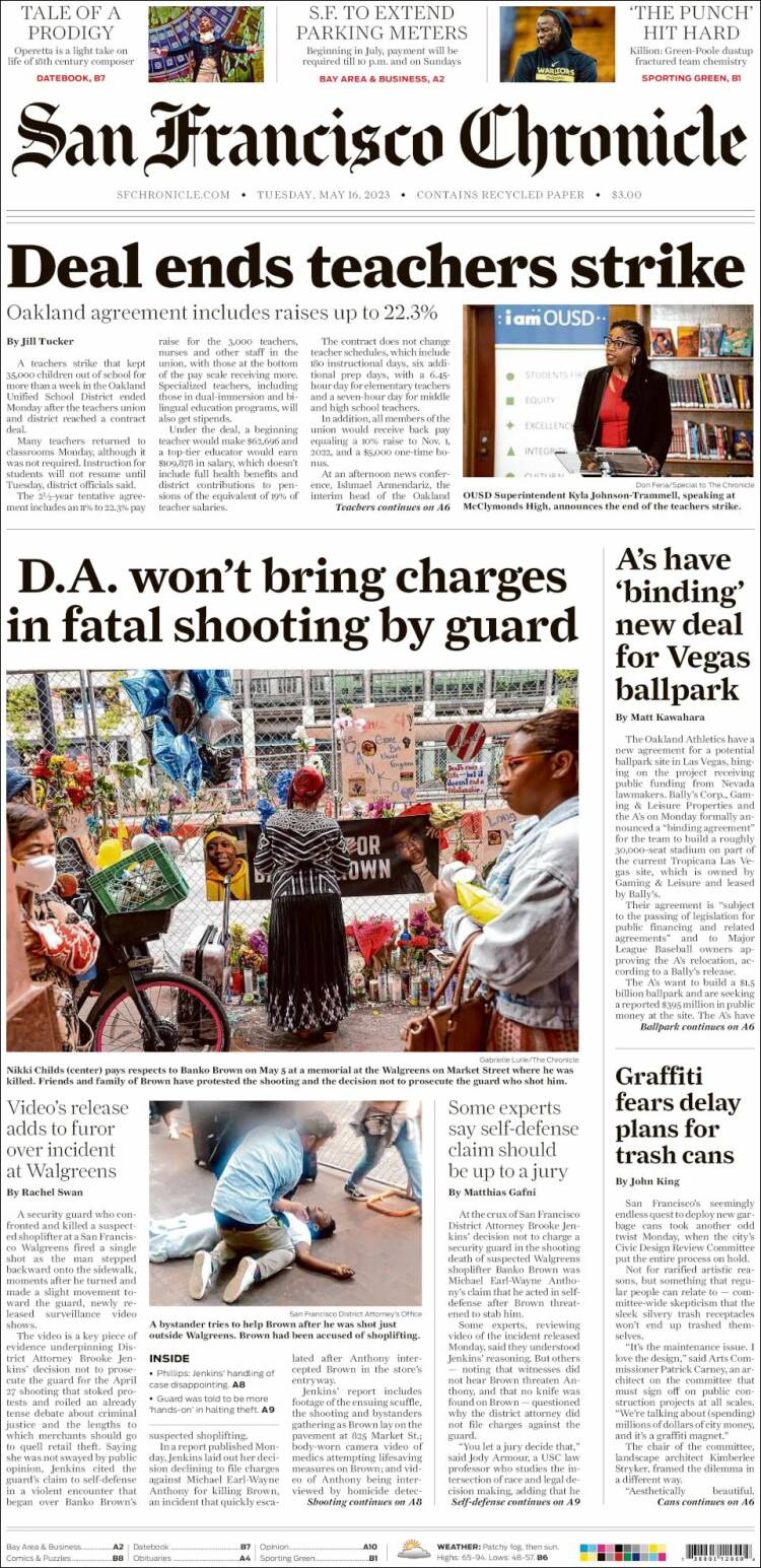 Portada de San Francisco Chronicle (USA)