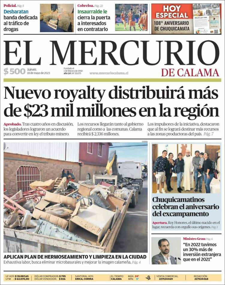 Portada de El Mercurio - Calama (Chile)