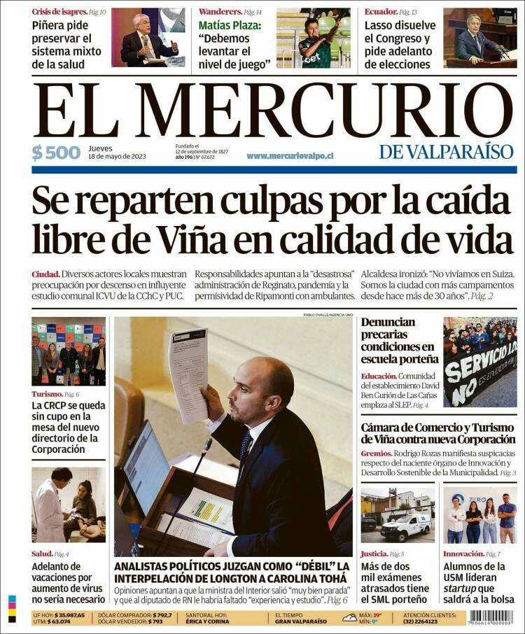 Portada de Mercurio de Valparaiso (Chile)