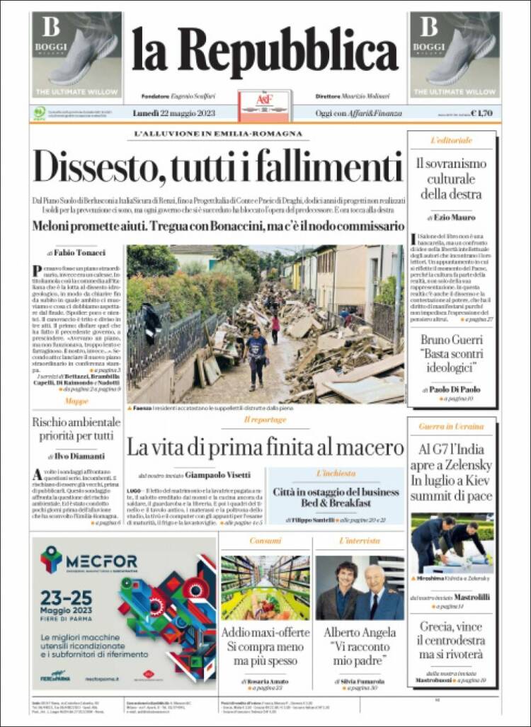 Portada de La Repubblica (Italia)