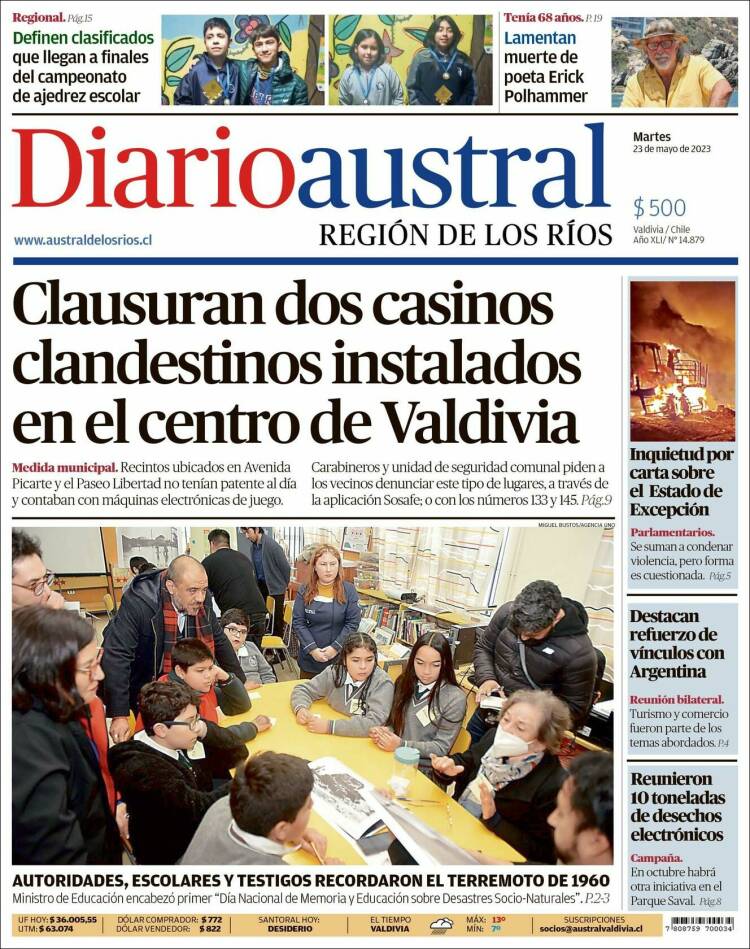 Portada de El Diario Austral de Valdivia (Chile)