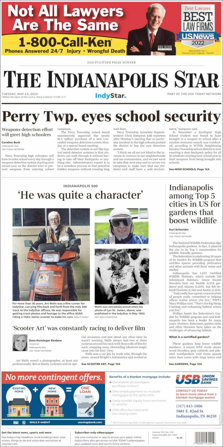 Portada de The Indianapolis Star (USA)