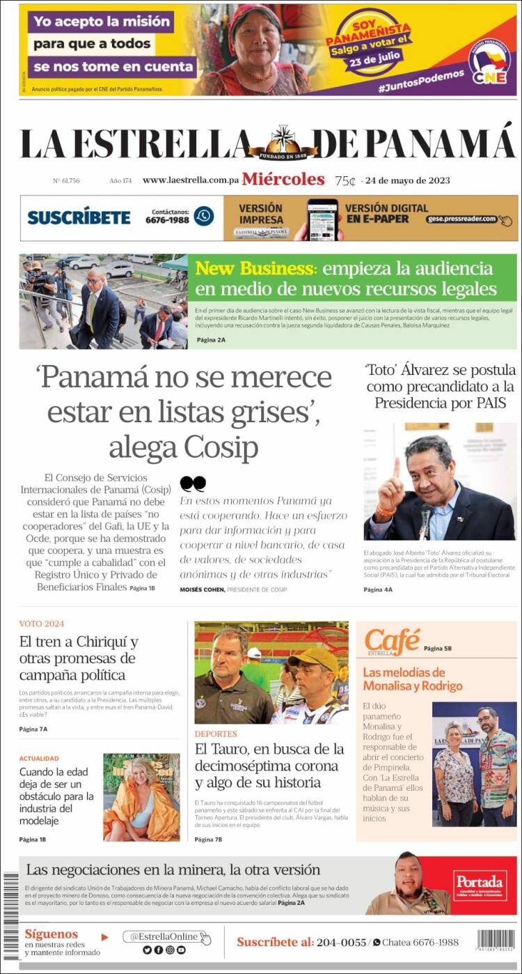 Portada de La Estrella de Panamá (Panamá)