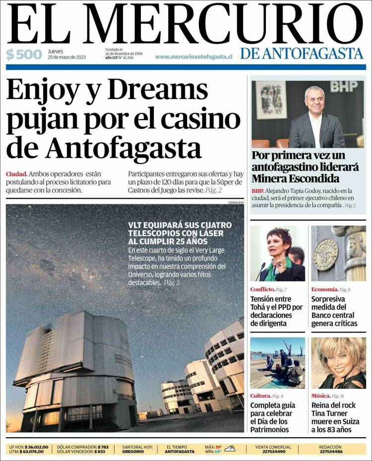 Portada de El Mercurio de Antofagasta (Chile)