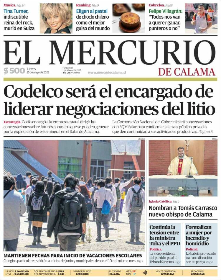 Portada de El Mercurio - Calama (Chile)