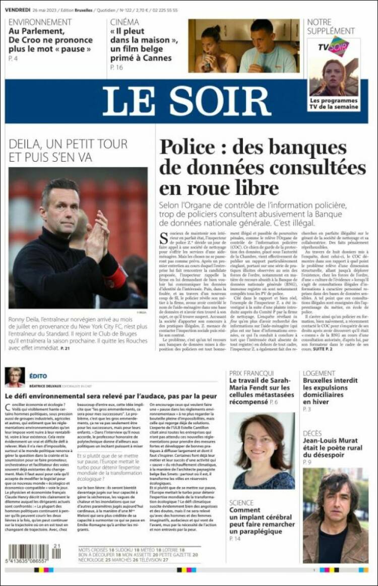 Portada de Le Soir (B&eacute;lgica)