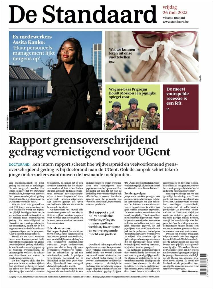 Portada de De Standaard (B&eacute;lgica)