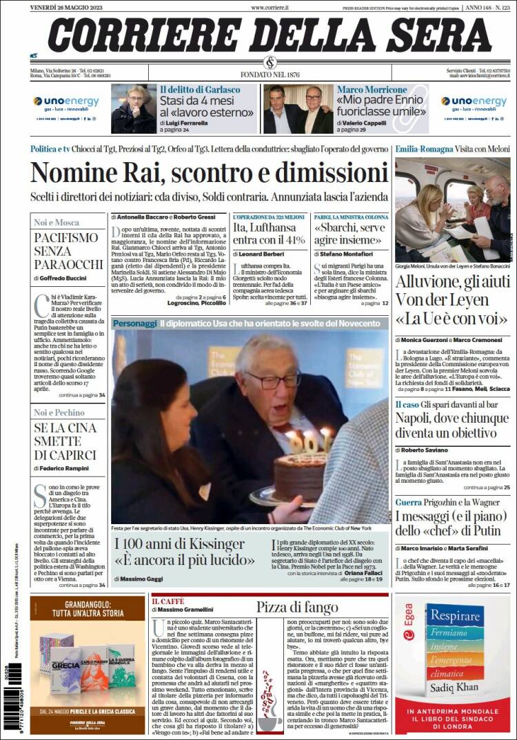 Portada de Corriere della Sera (Italia)