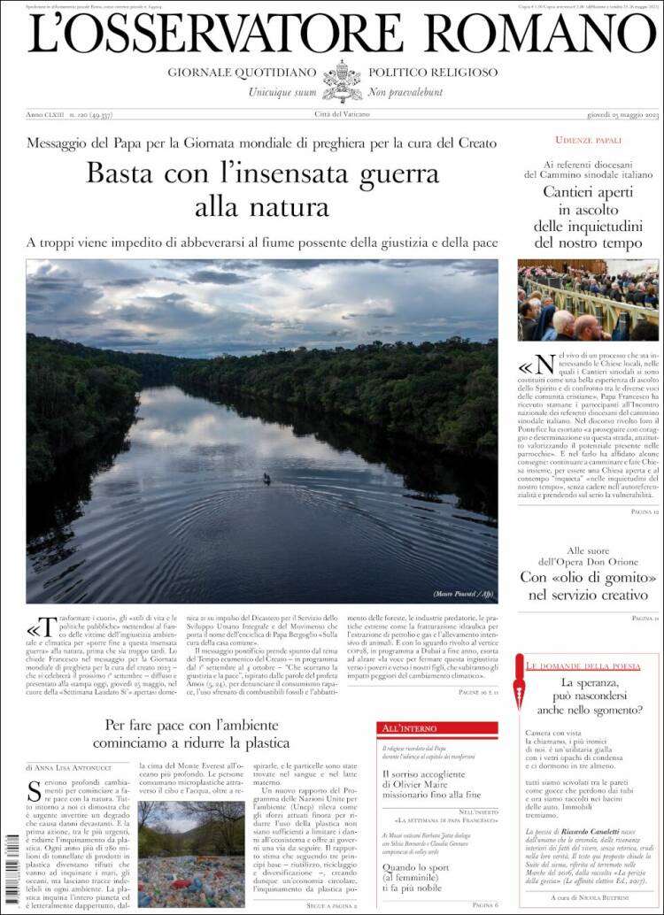 Portada de L'Osservatore Romano (Italia)