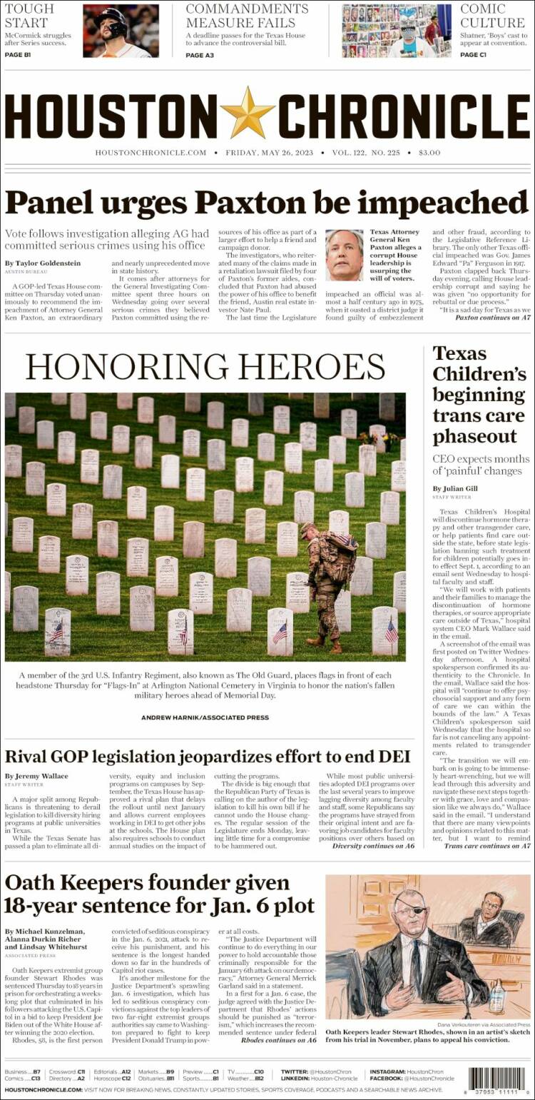 Portada de Houston Chronicle (USA)