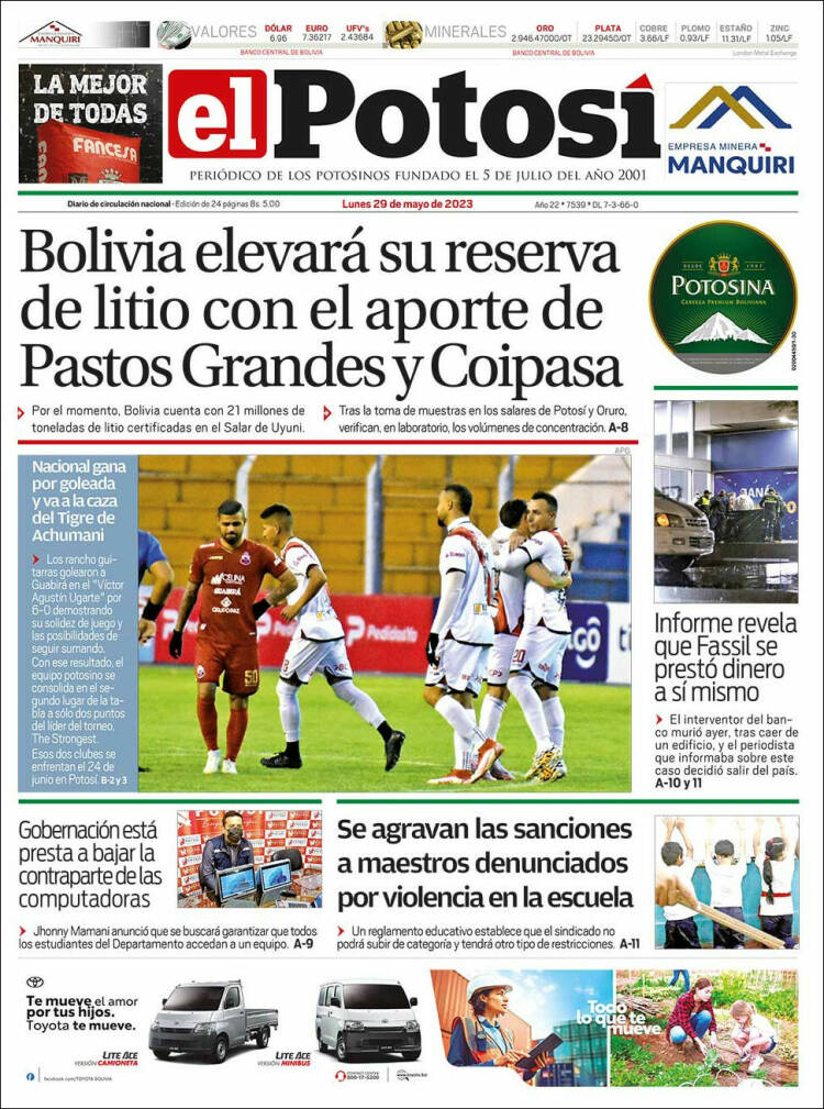 Portada de Diario de Potosí (Bolivia)