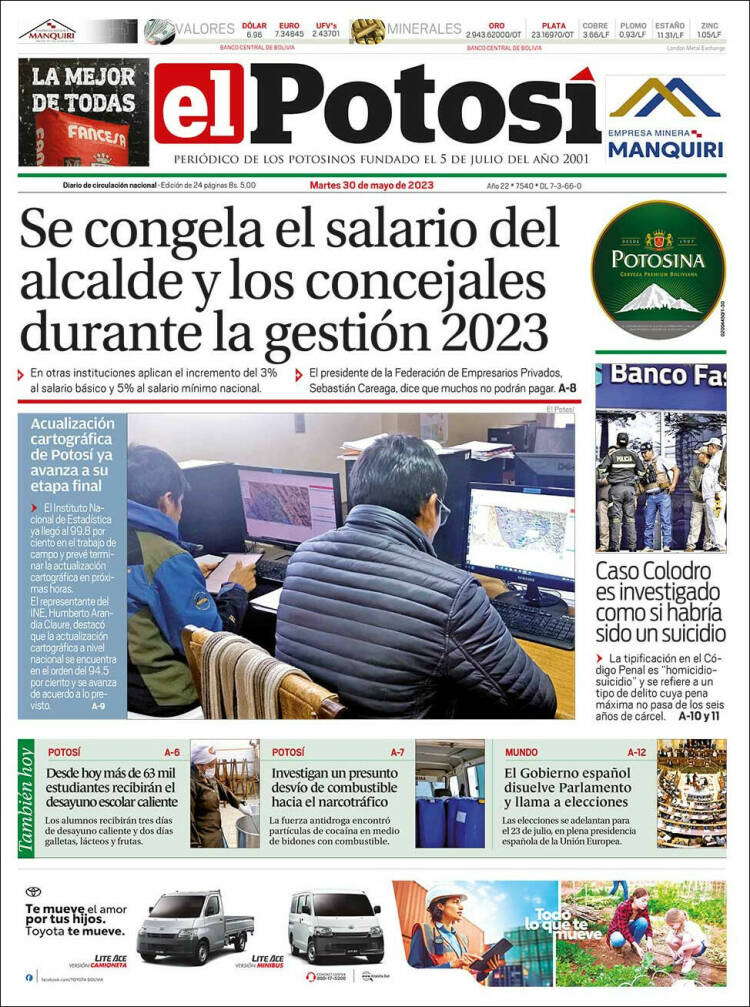 Portada de Diario de Potosí (Bolivia)