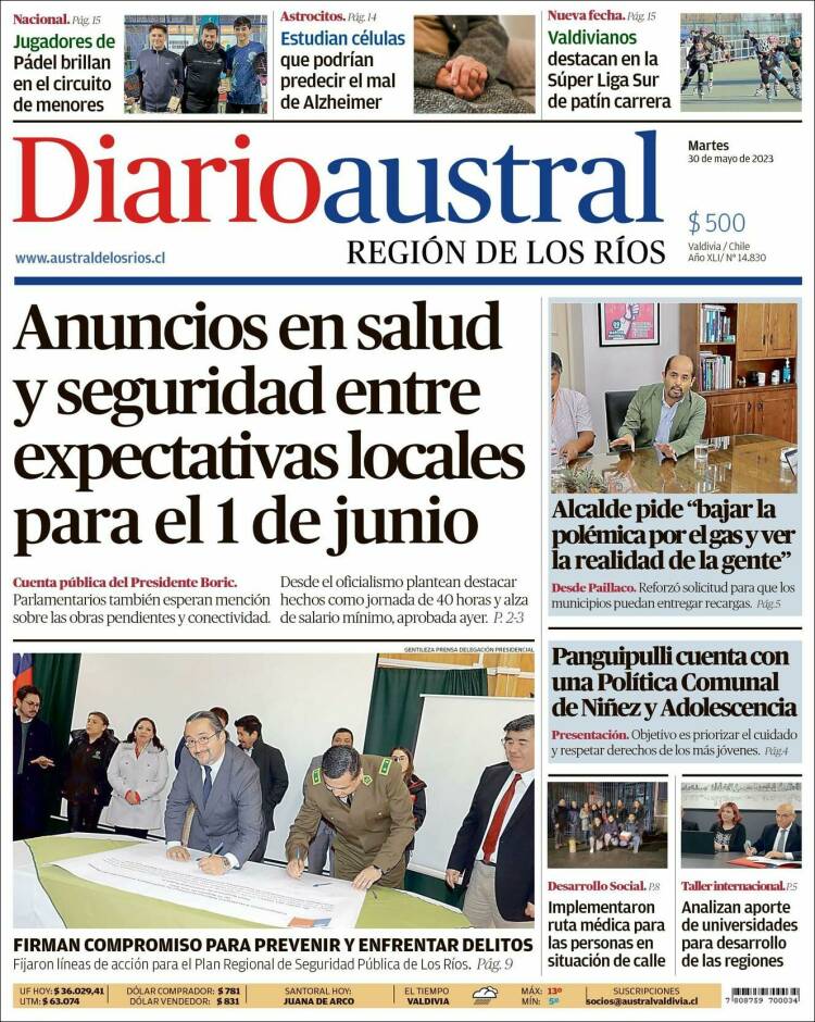 Portada de El Diario Austral de Valdivia (Chile)