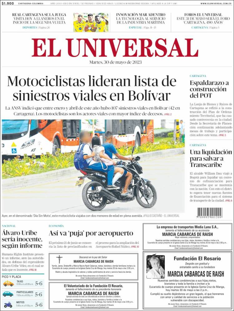 Portada de El Universal (Colombia)