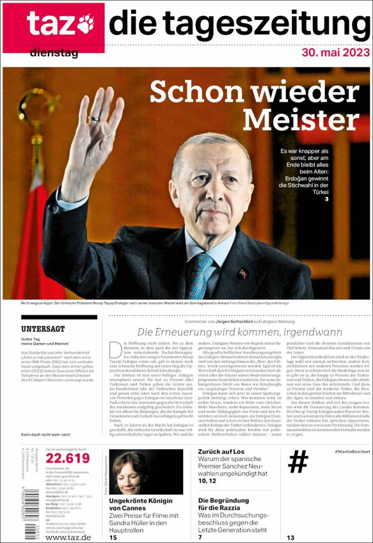 Portada de Die Tageszeitung (Alemania)