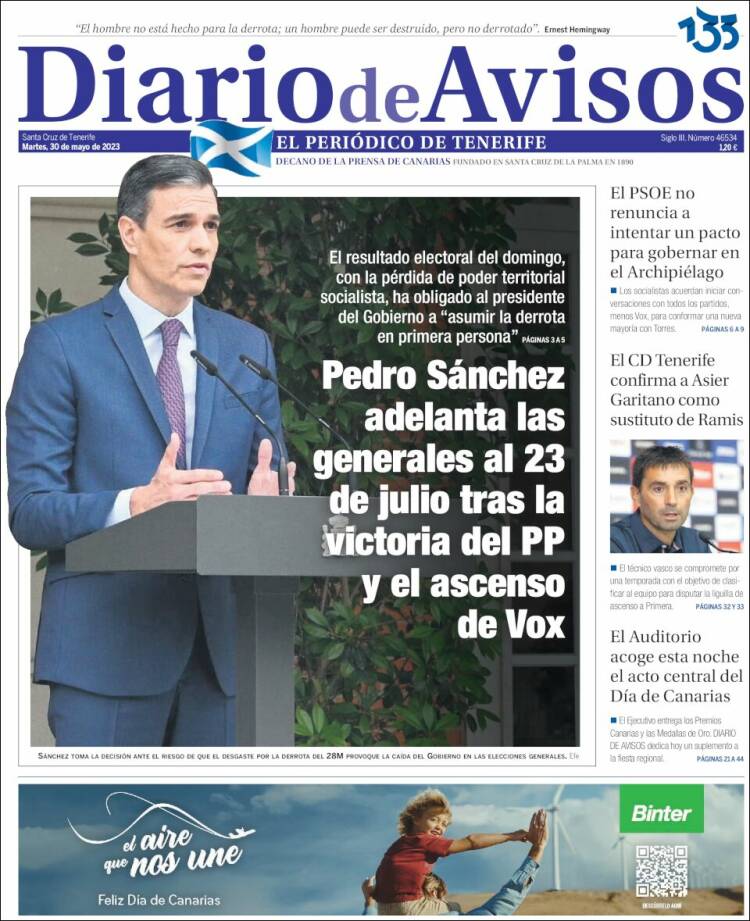 Portada de Diarios de Avisos (España)