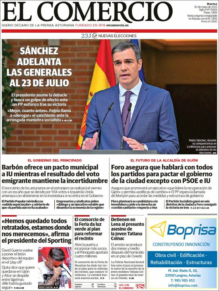 Portada de El Comercio - Gijón (España)