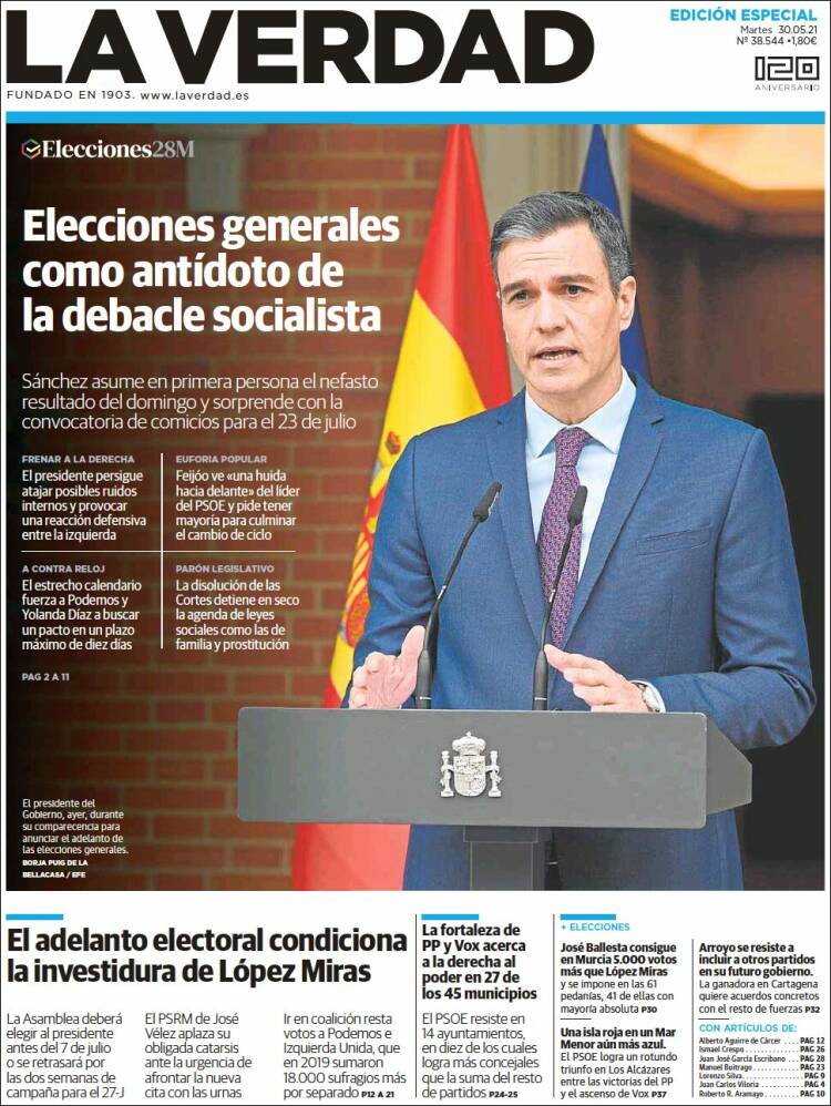 Portada de La Verdad de Murcia (España)