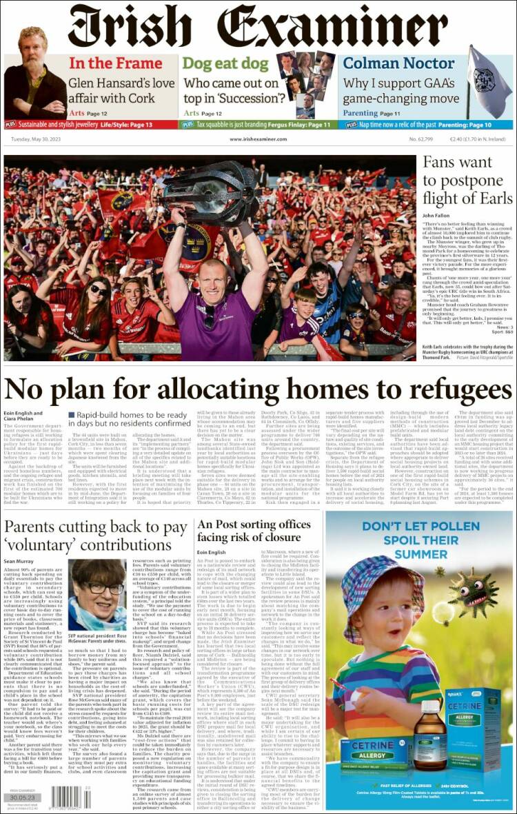 Portada de Irish Examiner (Irlanda)