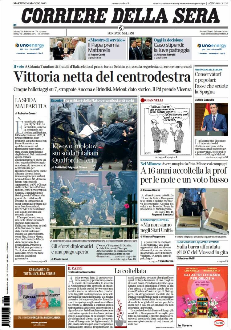 Portada de Corriere della Sera (Italia)