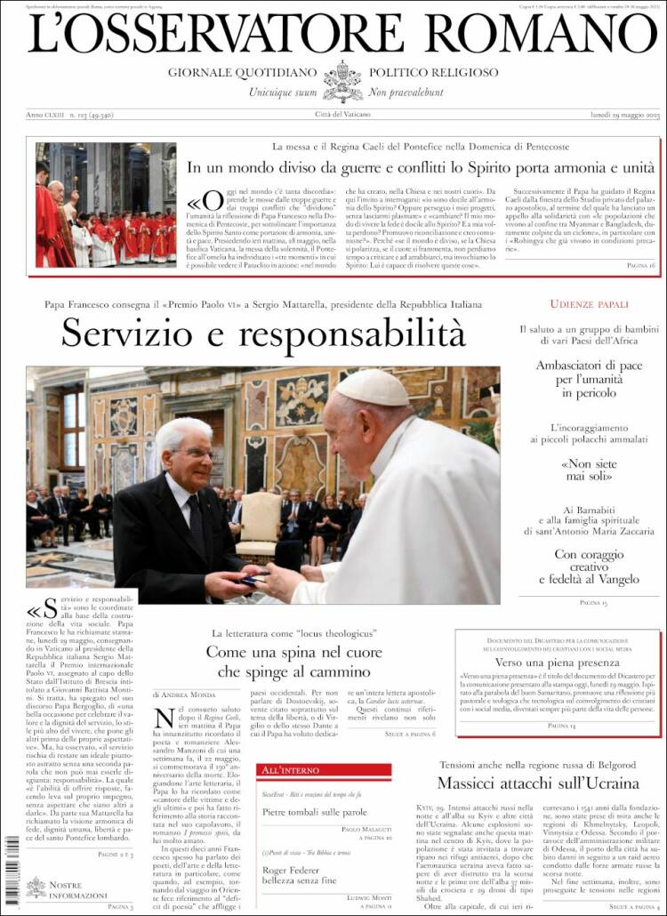 Portada de L'Osservatore Romano (Italia)