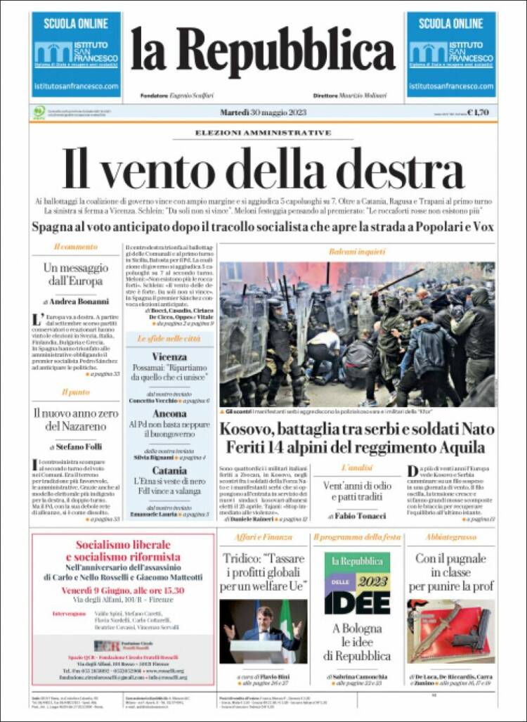 Portada de La Repubblica (Italia)