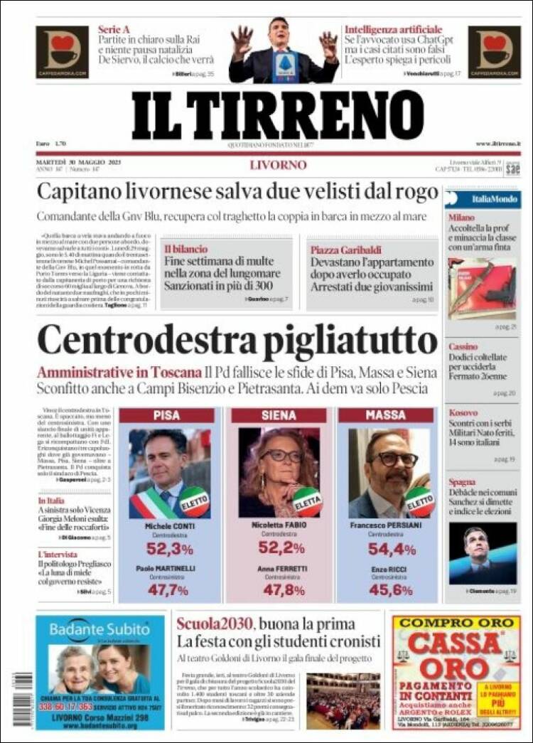 Portada de Il Tirreno (Italia)