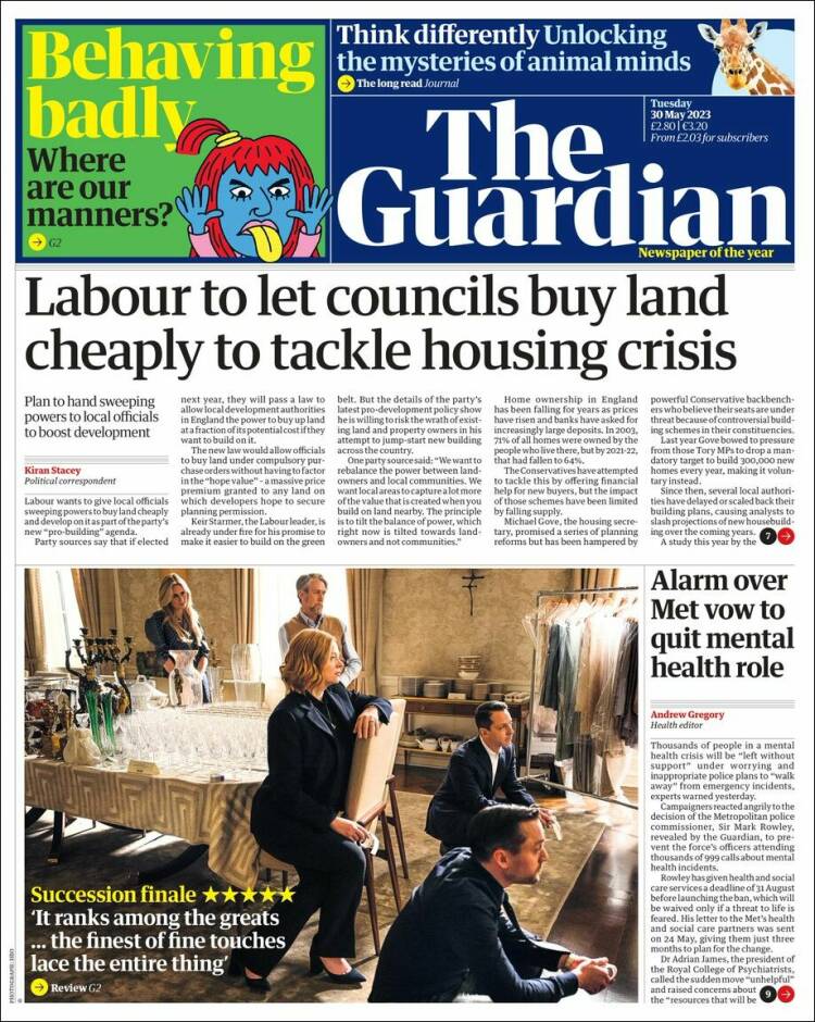 Portada de The Guardian (Reino Unido)