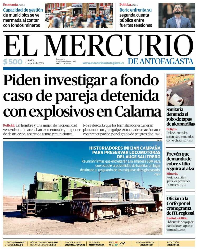 Portada de El Mercurio de Antofagasta (Chile)