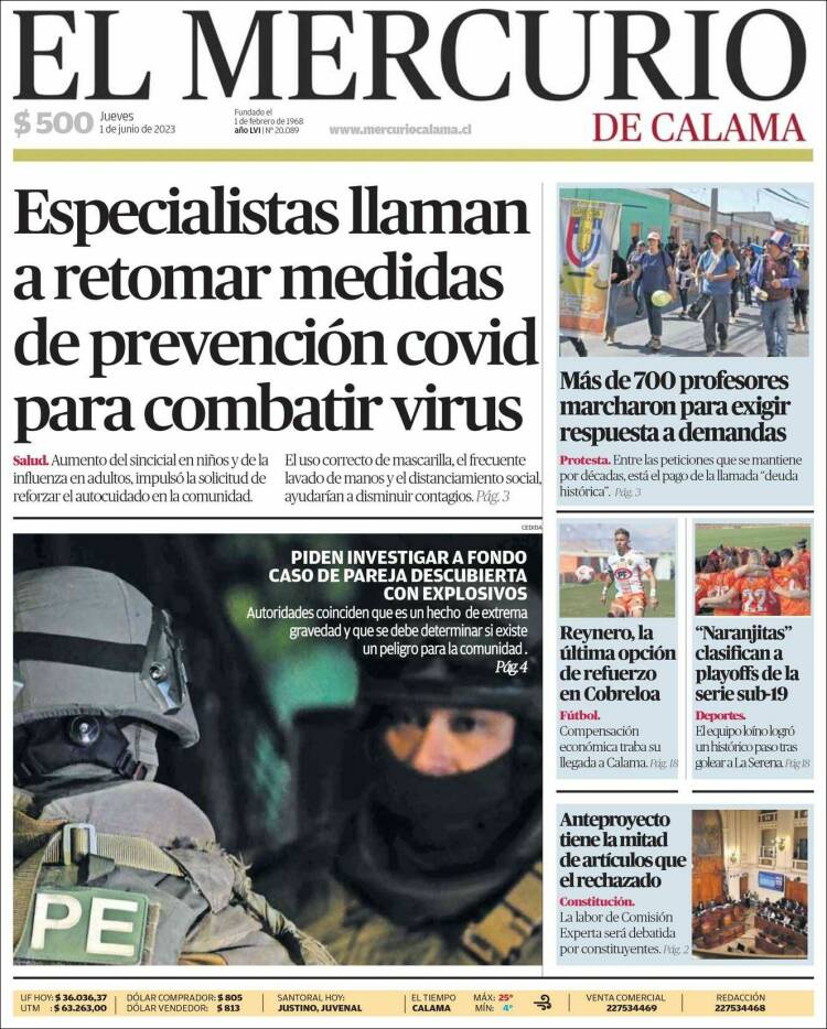 Portada de El Mercurio - Calama (Chile)