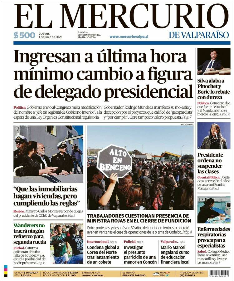 Portada de Mercurio de Valparaiso (Chile)