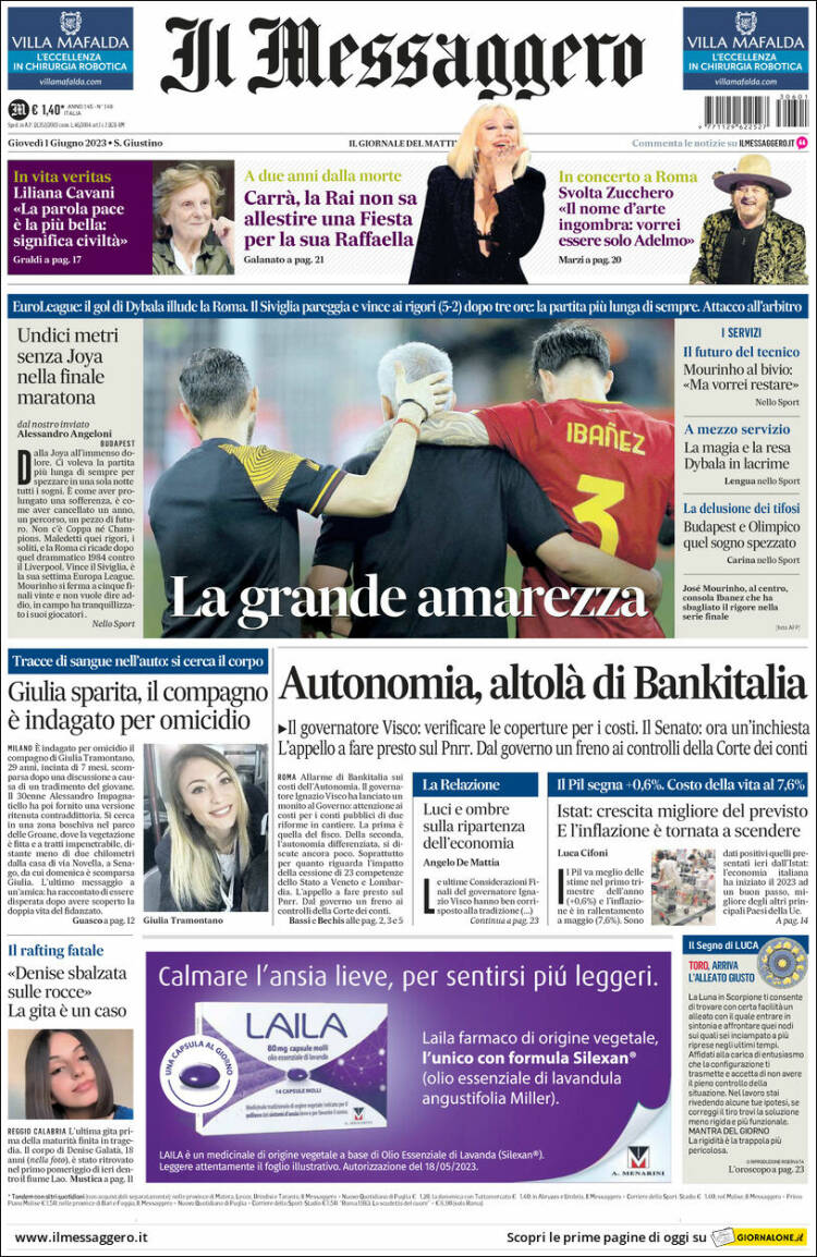 Portada de Il Messaggero (Italia)