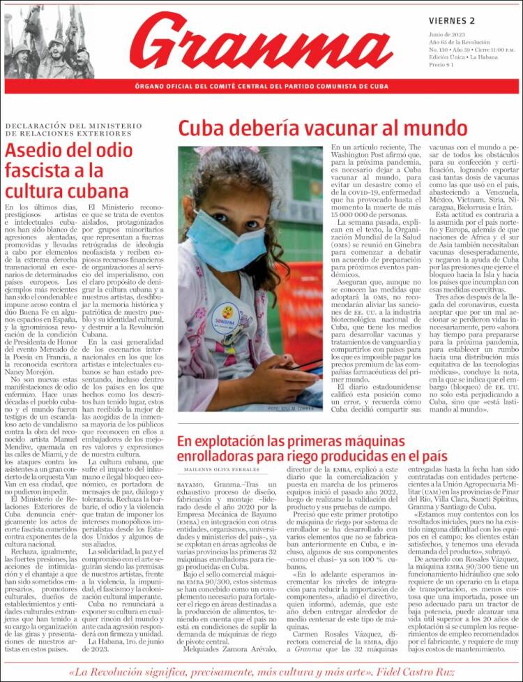 Portada de Granma (Cuba)