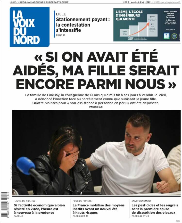 Portada de La Voix du Nord (Francia)