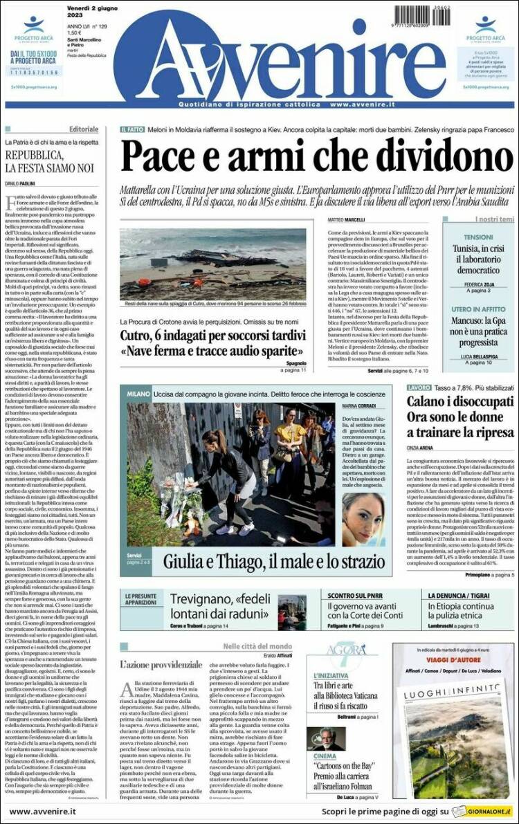 Portada de Avvenire (Italia)