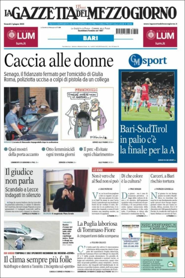 Portada de La Gazzetta del Mezzogiorno (Italia)