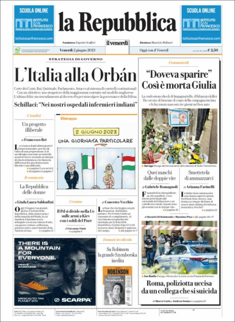 Portada de La Repubblica (Italia)