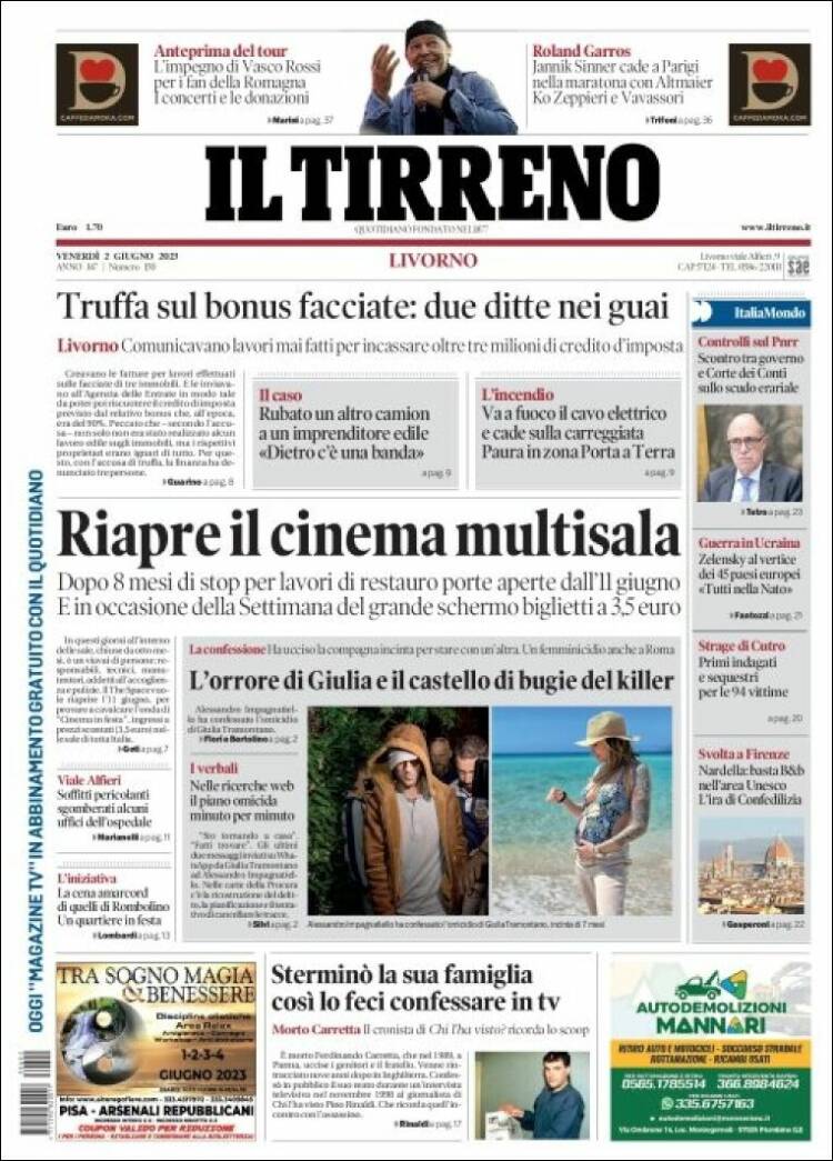 Portada de Il Tirreno (Italia)