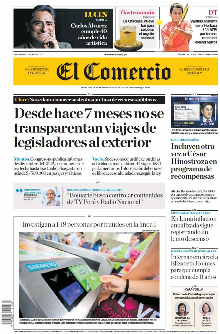 Portada de El Comercio (Per&uacute;)
