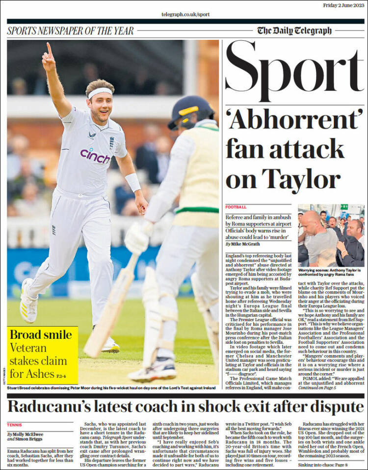 Portada de Telegraph Sport (Reino Unido)