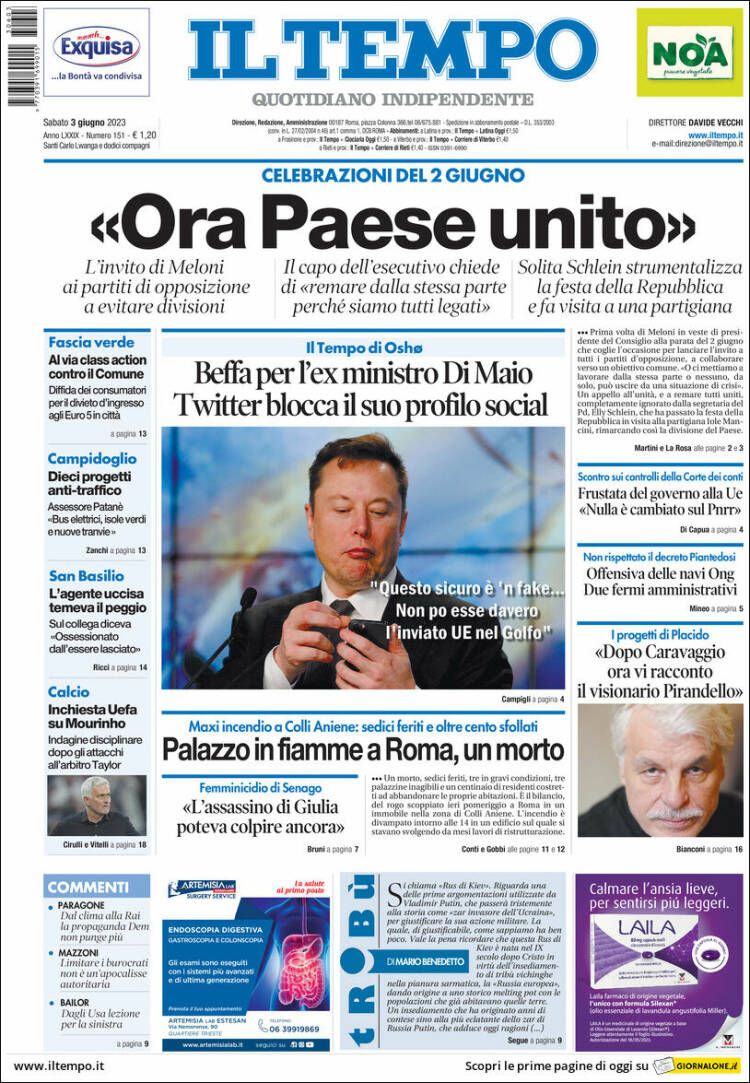 Portada de Il Tempo (Italia)