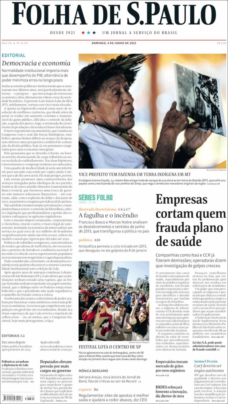Periódico Folha De São Paulo Brasil Periódicos De Brasil Edición De Domingo 4 De Junio De 5557