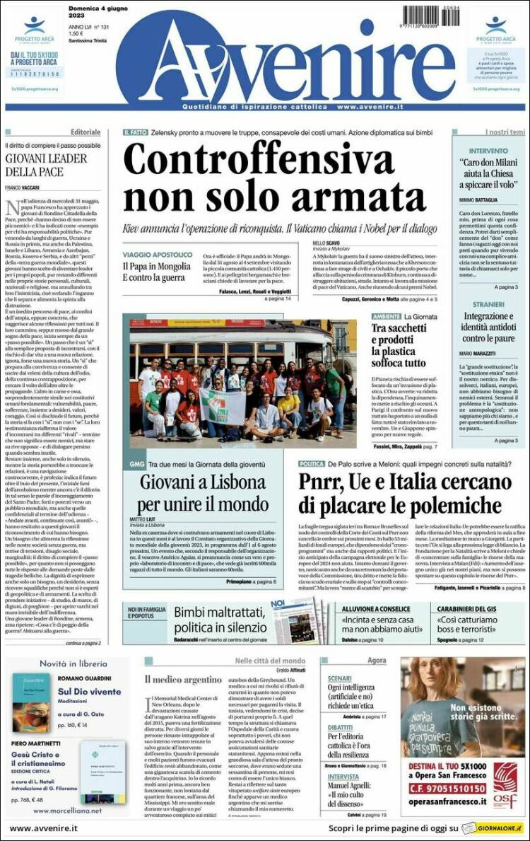 Portada de Avvenire (Italia)