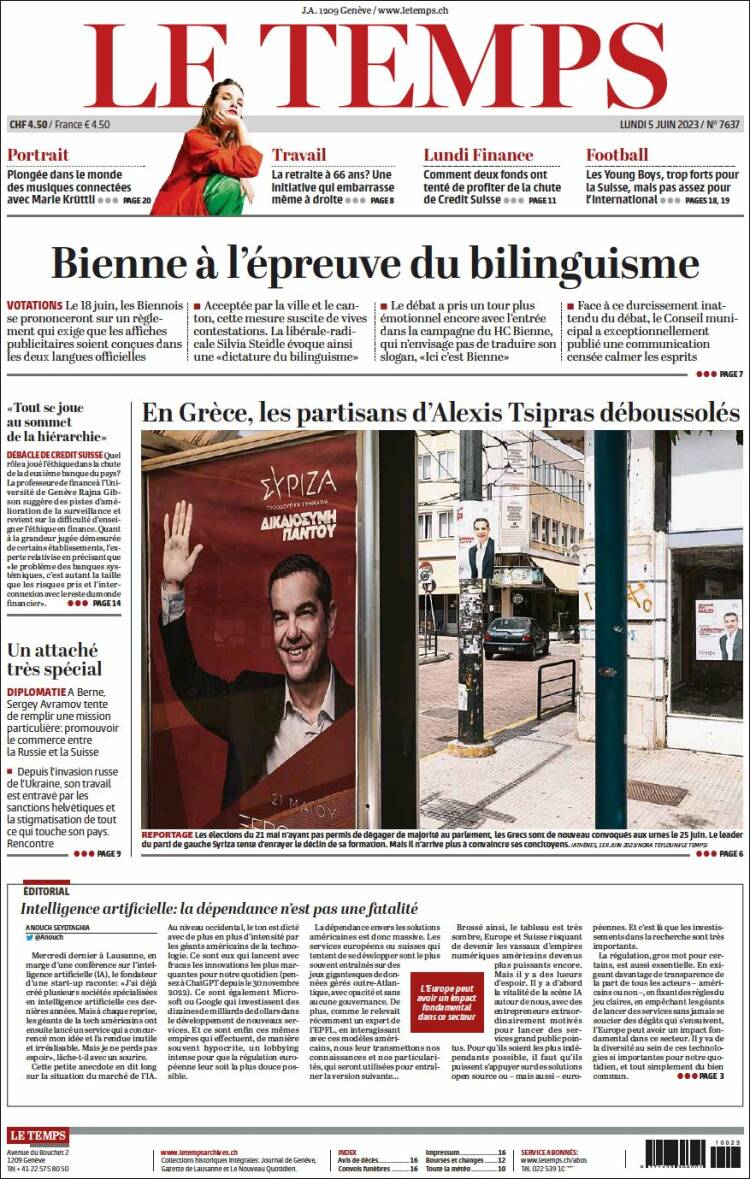 Portada de Le Matin (Suiza)