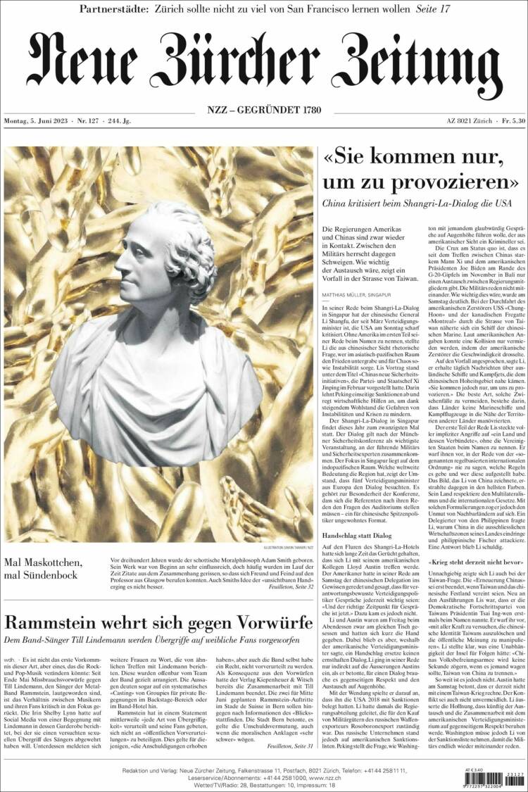 Portada de Neue Zürcher Zeitung (Suiza)