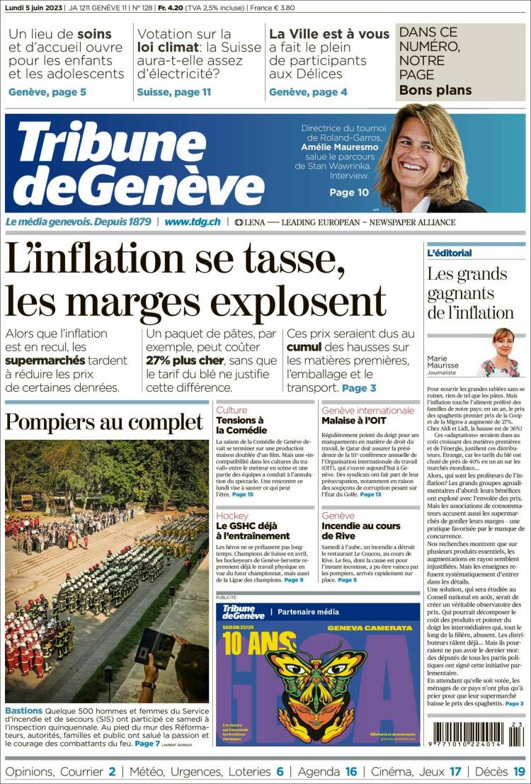 Portada de La Tribune de Genève (Suiza)
