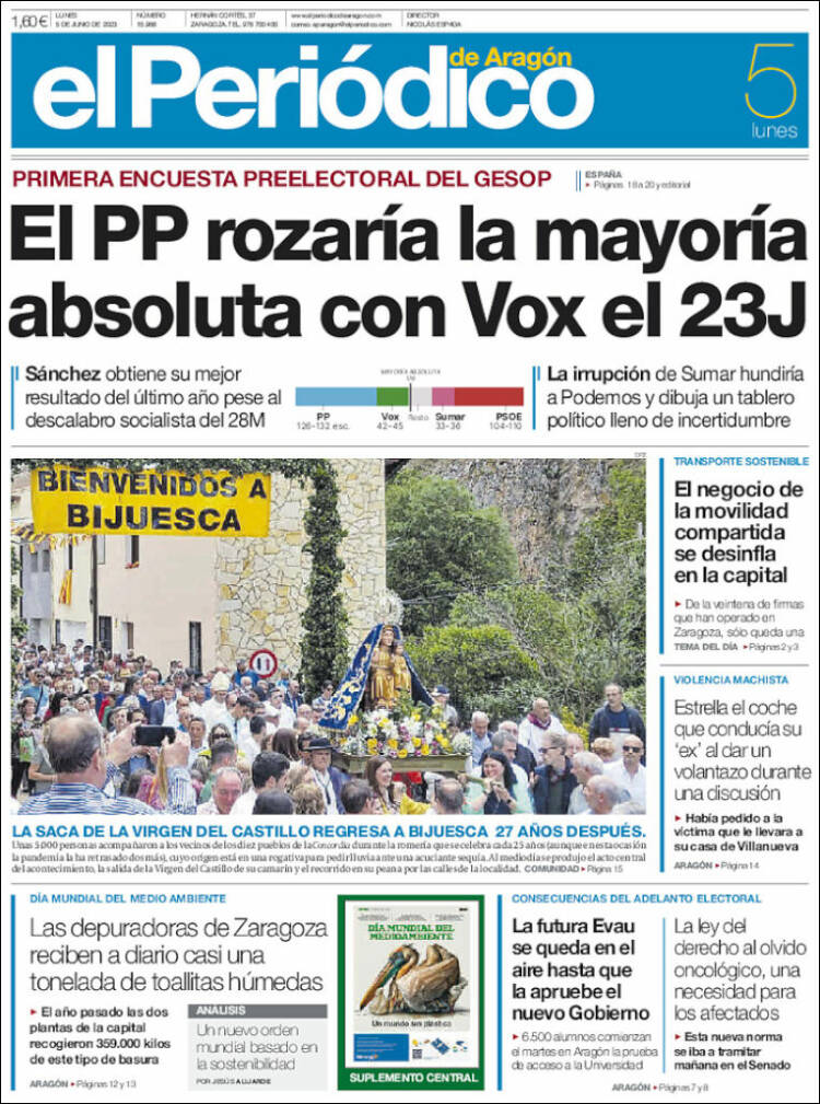 Portada de El Periódico de Aragón (España)